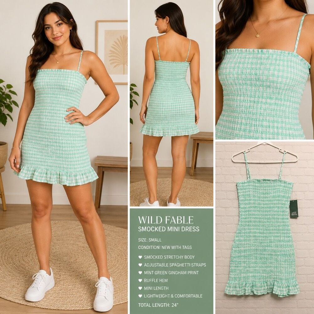 Wild Fable Smocked Mini Dress Size Small NWT Green Gingham